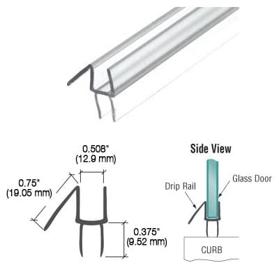 95" Long Shower Door Bottom Seal Sweep with Drip Rail for 1/4" Glass