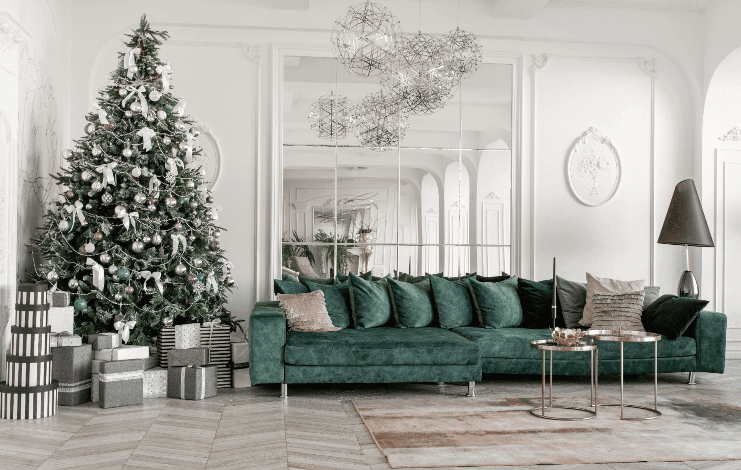 Stylish living room featuring a green velvet sofa