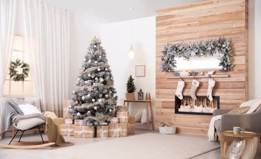 Elegant holiday living room with a decorated Christmas tree