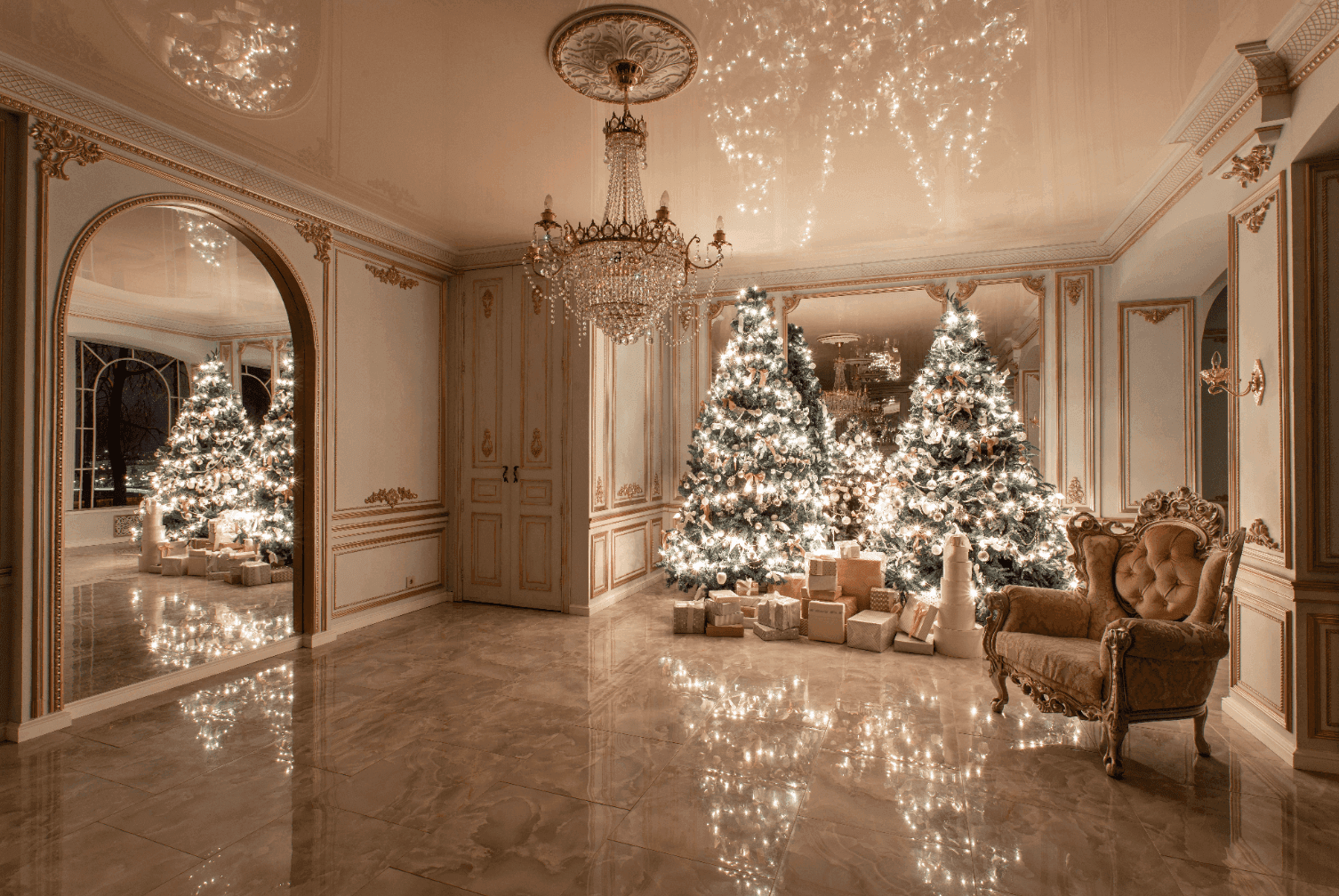 Elegant holiday interior featuring beautifully decorated Christmas trees