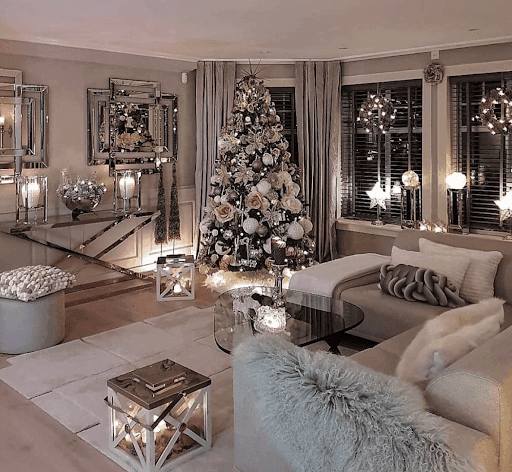 Elegant living room featuring a decorated Christmas tree