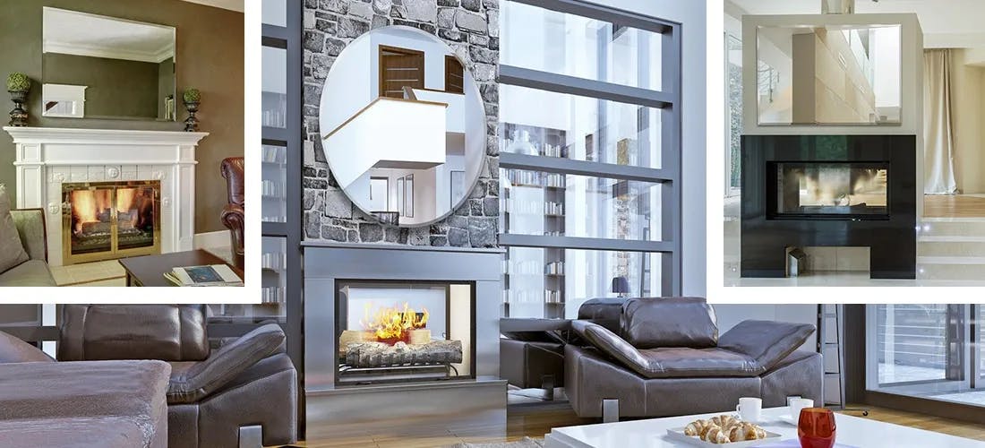 Warm living room environments with fireplace and reflective mirrors.