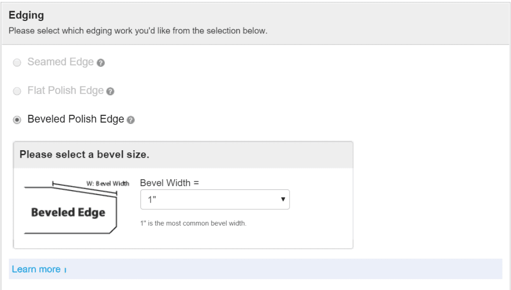 Selection options for glass edging work