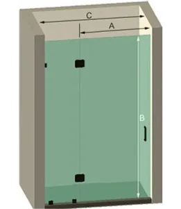 Diagram of a custom shower door design with measurements labeled A, B, and C, showcasing tempered glass suitable for modern bathrooms.