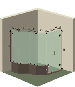 Diagram of a custom shower door installation showcasing tempered glass panels and a beveled glass edge design, with measurements labeled for precision.