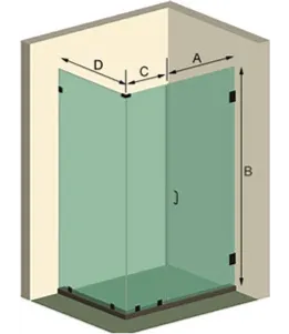 Diagram of custom shower doors showing dimensions A, B, C, and D, highlighting the use of tempered glass for durability and style.