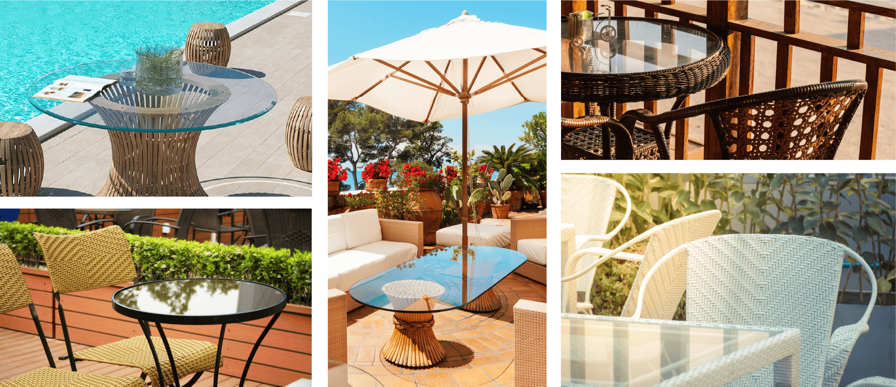 A collage of outdoor furniture, including 5 glass tabletops, showcased in tropical patios.