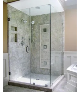Tempered glass shower doors in a luxurious bathroom setting, featuring a sleek design and modern fixtures, ideal for showcasing custom glass solutions.