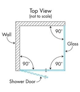 Diagram showing a top view layout of a shower door installation with wall, glass, and angles, relevant for custom glass design in shower doors and tempered glass applications.