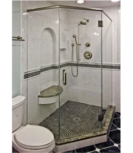 Custom glass shower doors featuring a sleek design, showcasing tempered glass panels and a modern tile layout.