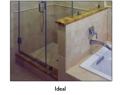 Custom glass shower doors with tempered glass and a sleek design, featuring a modern bathroom layout with a marble tabletop and elegant mirrors.