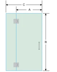 Diagram of a custom tempered glass shower door with labeled dimensions A, B, and C, showcasing design options for modern bathroom installations.