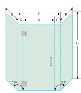 Diagram of custom shower doors with measurements labeled A to G, showcasing tempered glass options and beveled glass edges for elegant design.
