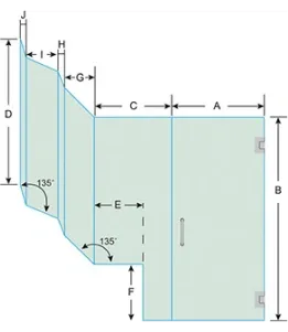 Custom shower door design diagram with measurements, highlighting features such as tempered glass and beveled glass edge. Ideal for custom glass applications.