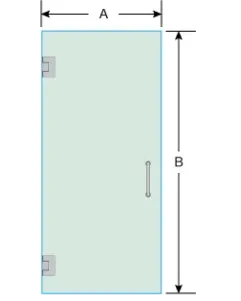 Diagram of a custom shower door with measurements, illustrating tempered glass design, suitable for modern bathrooms and custom installations.
