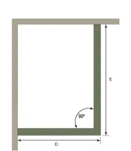 Diagram illustrating custom glass dimensions for shower doors with measurements D and E, featuring a 90-degree angle, relevant for tempered glass and beveled glass edge applications.