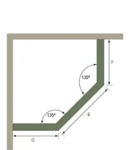 Diagram of a custom glass shape with 135░ angles, illustrating dimensions for shower doors, table tops, and mirrors with beveled glass edges.
