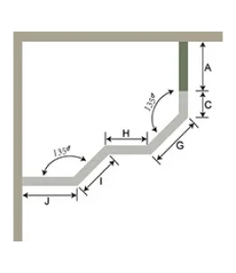 Diagram of custom glass shower door measurements, featuring angles, lengths, and beveled glass edge details, relevant for designing tempered glass solutions.