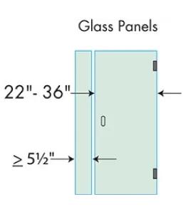 Diagram of custom glass shower doors showing dimensions for glass panels, highlighting options for tempered glass with beveled edges.