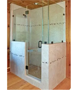 Custom glass shower doors with tempered glass and beveled glass edges in a modern bathroom setting.
