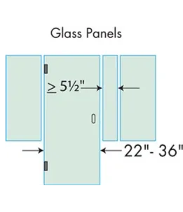 Diagram illustrating glass panel dimensions for custom shower doors, including specifications for tempered glass and beveled edges.