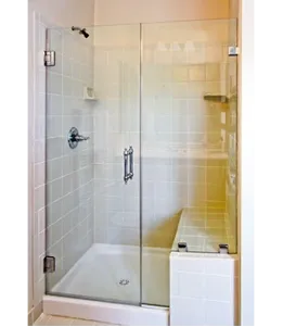 Frameless shower doors made of tempered glass, showcasing a modern design suitable for custom glass applications.