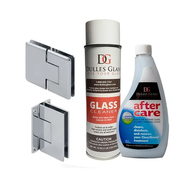 shower door hardware including glass hinges, cleaning products for custom glass maintenance, and aftercare solutions for tempered glass surfaces.