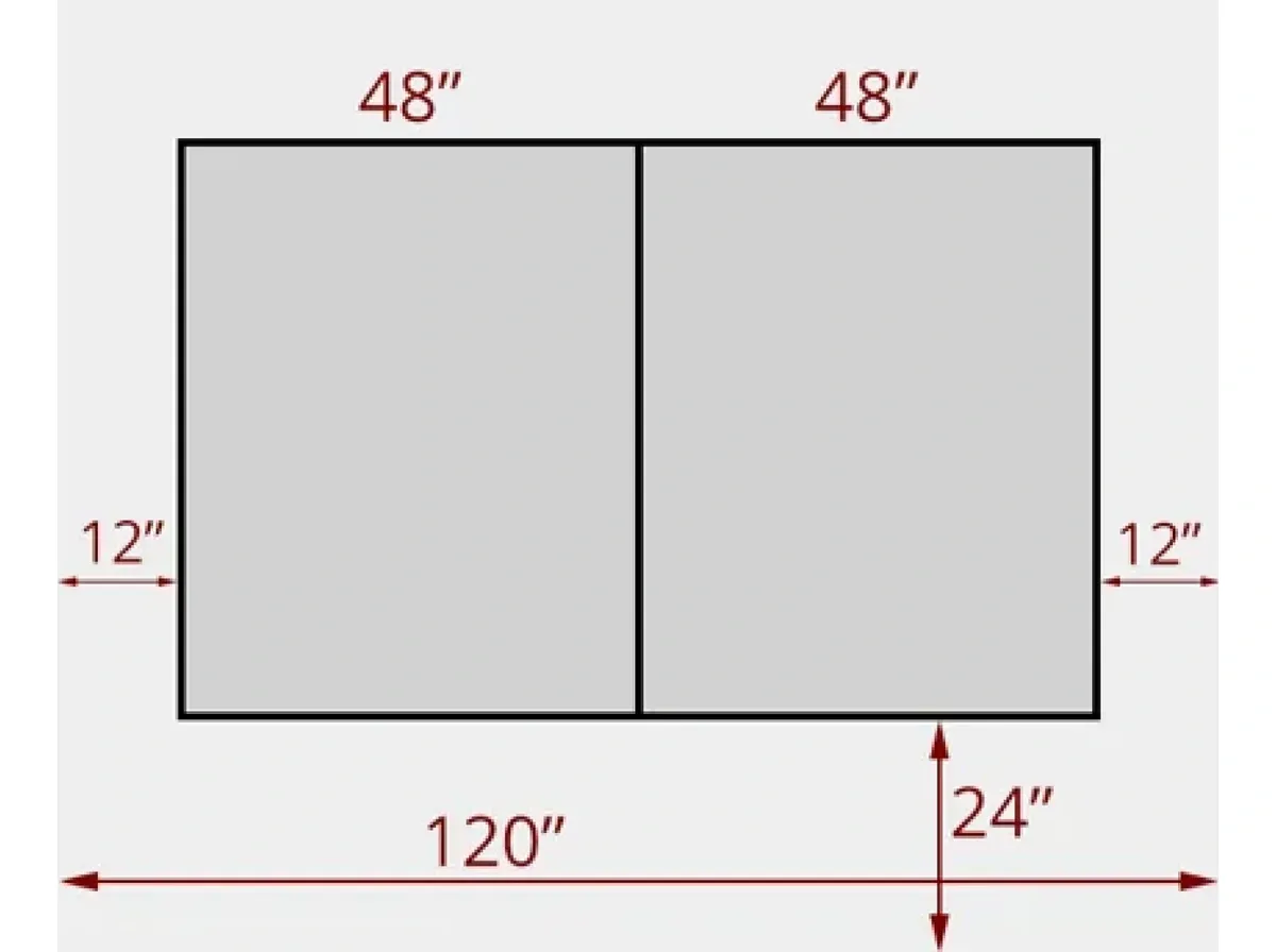 Custom glass design layout showing measurements of 48 x 120 with a 12 border, ideal for shower doors, table tops, and mirrors featuring tempered and beveled glass edges.