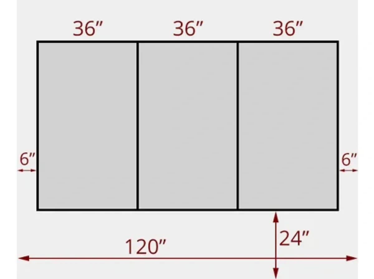 Custom glass diagram showing three sections measuring 36 wide by 6 tall, and a total length of 120 and width of 24 for shower doors, table tops, or mirrors, including options for tempered and beveled glass edges.