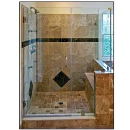 Custom glass shower doors featuring elegant design and tempered glass in a modern bathroom setting with marble accents.