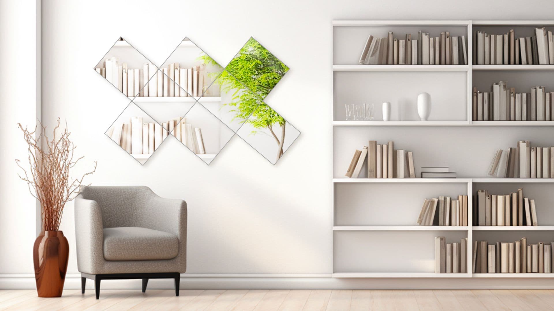 Contemporary living room featuring custom beveled mirrors arranged decoratively on the wall, with a cozy chair and bookshelf, highlighting the aesthetic appeal of custom glass in home decor.