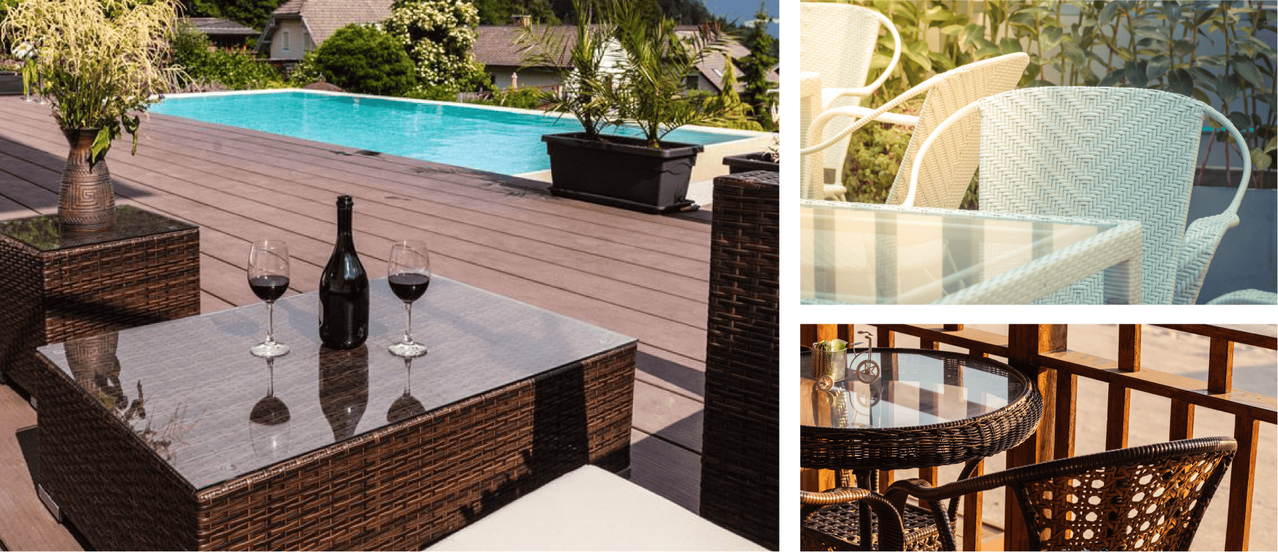 An enticing montage showcasing a pool, stylish patio furniture, and a wine glass, creating a perfect ambiance.