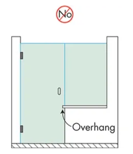 Diagram illustrating a shower door with a No Overhang warning, relevant for custom glass solutions including shower doors and tempered glass applications.