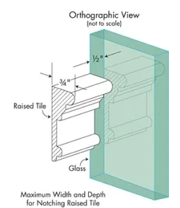 Orthographic view diagram illustrating the maximum width and depth for notching raised tile, featuring glass integration, relevant for custom glass applications like shower doors and table tops.