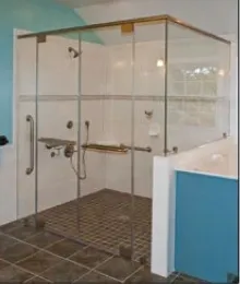 Custom glass shower doors featuring beveled edges and a modern design with tempered glass in a stylish bathroom setting.