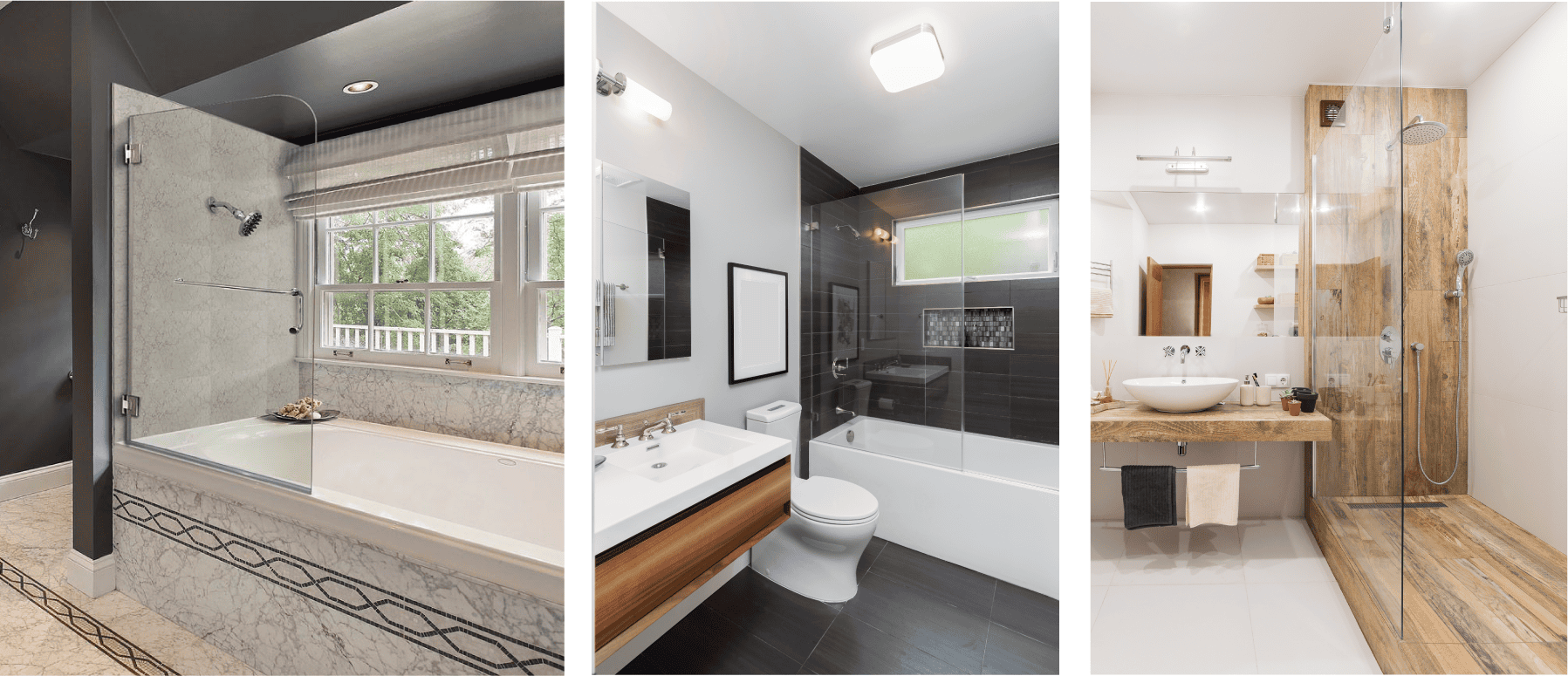 A collection of images presenting a bathroom equipped with a shower doors, toilet, and sink.
