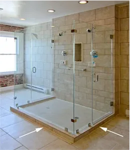 Custom glass shower doors with tempered glass panels and sleek design, enhancing modern bathroom aesthetics.