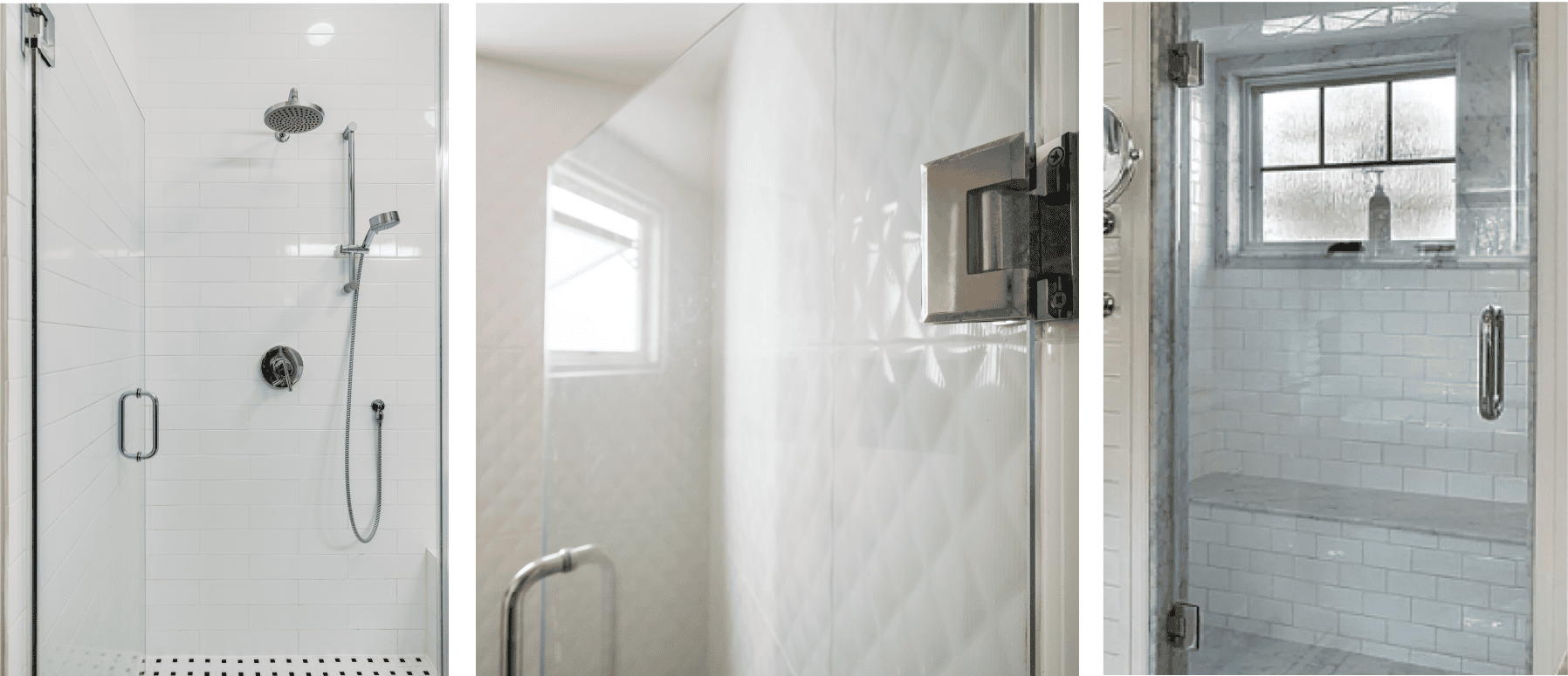 Glass shower doors in four different designs and hardware finishes