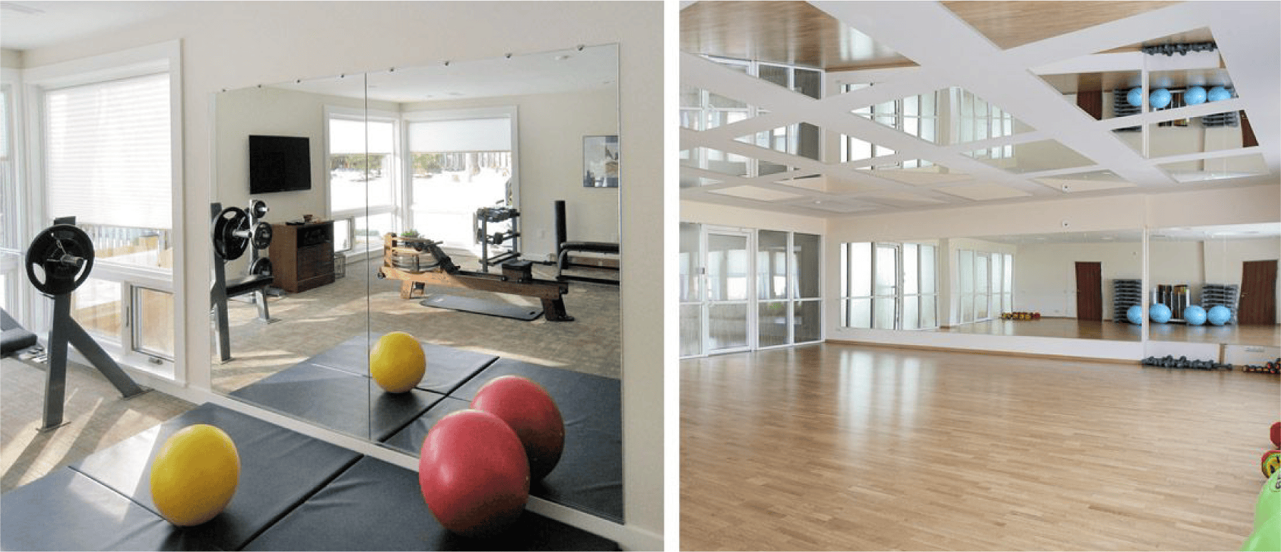 Two gym rooms with exercise equipment and mirrors for fitness enthusiasts.