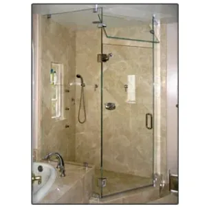 Custom glass shower doors featuring tempered glass and a sleek design, complementing an elegant bathroom with marble accents.