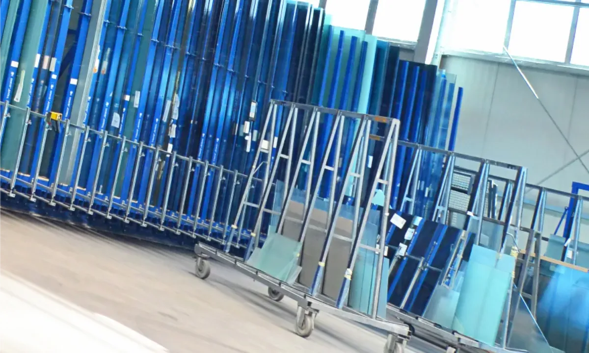 Warehouse storage of custom tempered glass sheets, including glass for shower doors, table tops, and mirrors, with visible beveled edges.