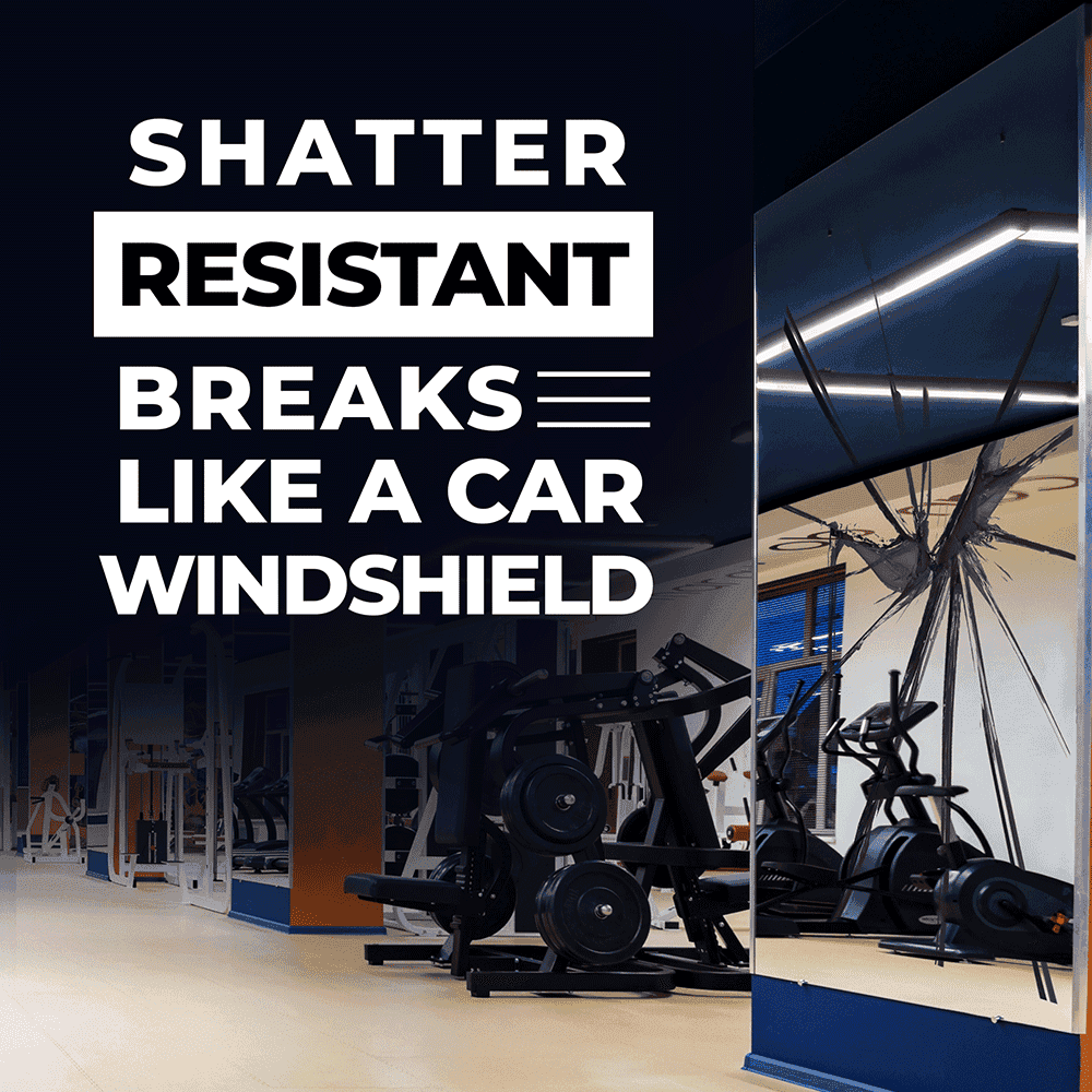 Shatter-resistant custom glass mirror in a gym, showcasing durable tempered glass that breaks like a car windshield, ideal for shower doors and table tops.
