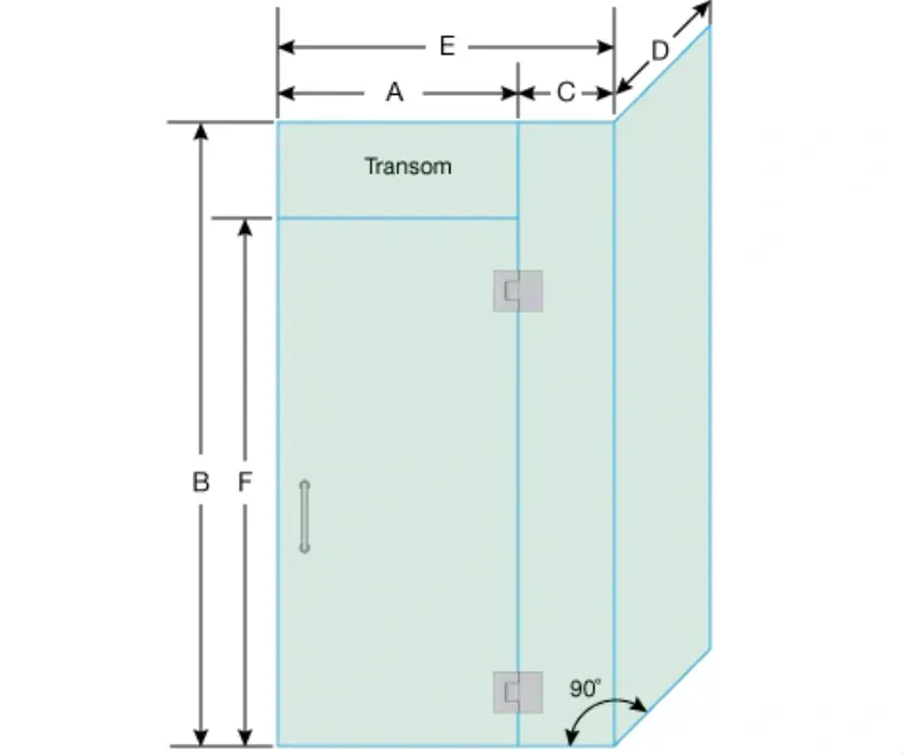 Diagram of custom glass shower door dimensions with labeled measurement points for accurate installation, highlighting beveled glass edges and tempered glass options.