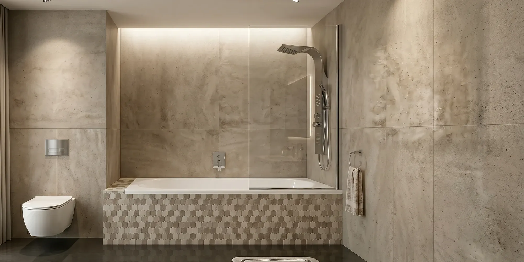 Modern bathroom featuring a walk-in bathtub with a glass partition, rainfall shower panel, and a wall-mounted toilet against neutral stone-textured large-format tiles and a hexagonal mosaic tub surround.