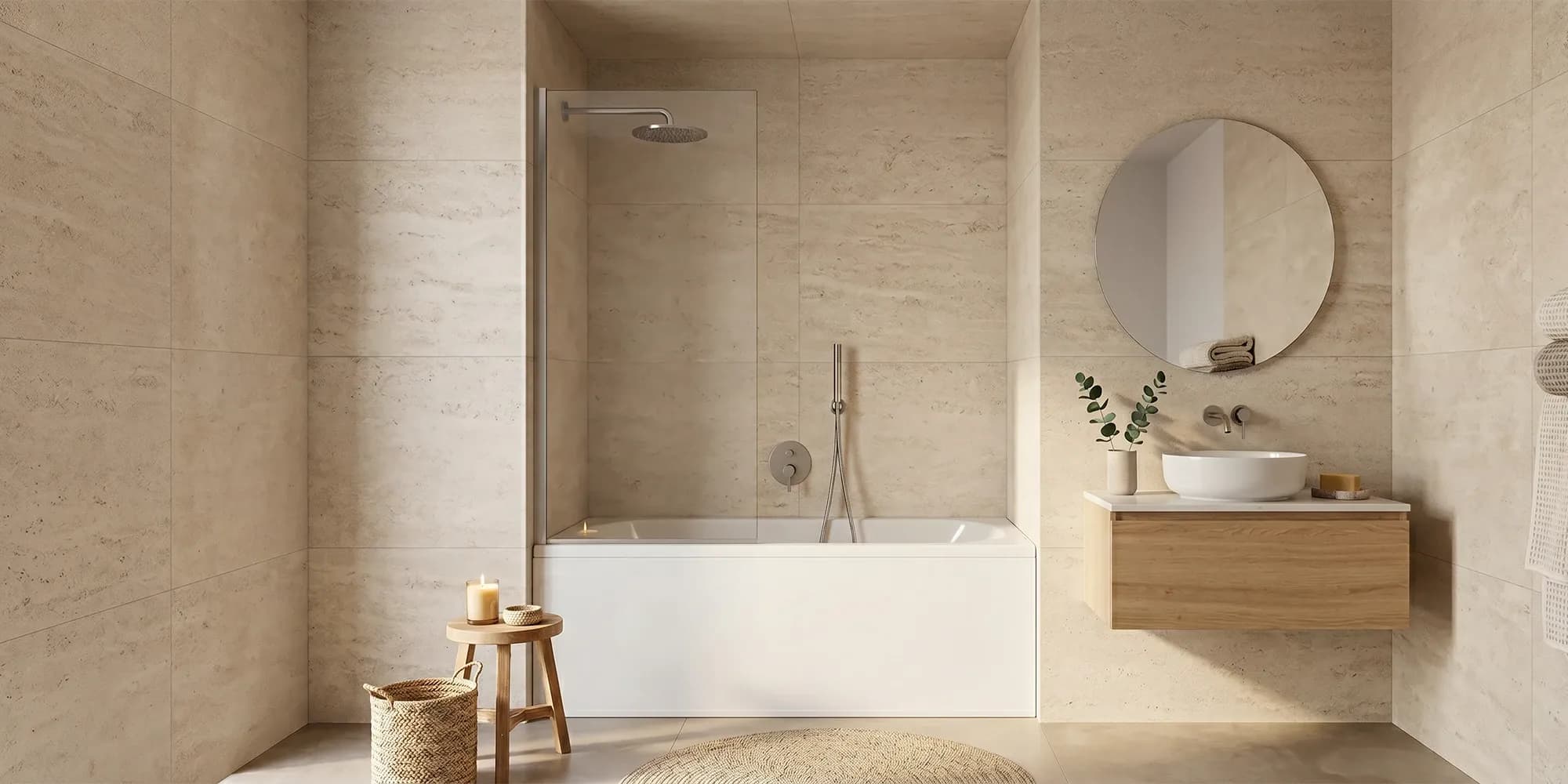 Modern minimalist bathroom with beige travertine wall tiles, a glass shower screen over a white bathtub, and a floating wooden vanity.