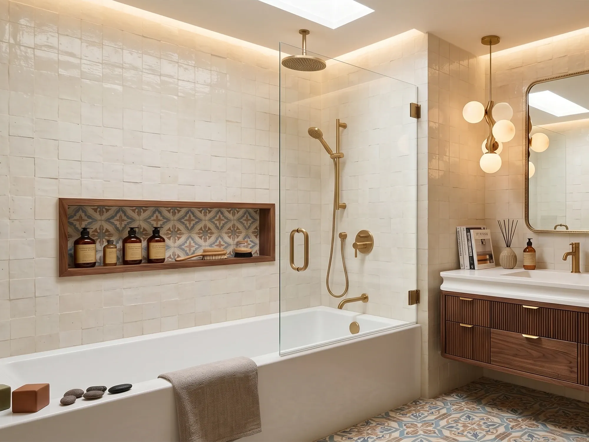 A hinged glass tub screen pivoting outward, folding clear of the tub for cleaning and bath access