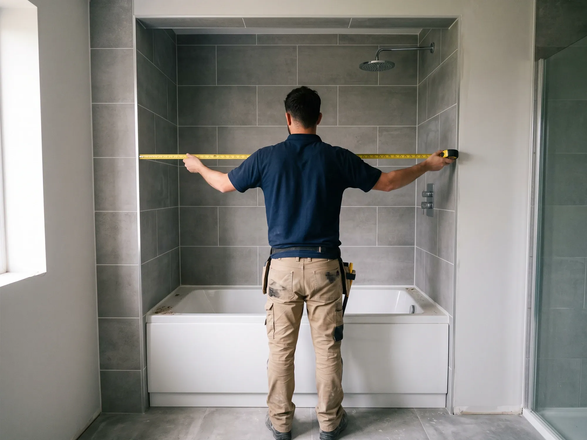 A Dulles Glass installer measuring a bathtub opening before the glass is fabricated