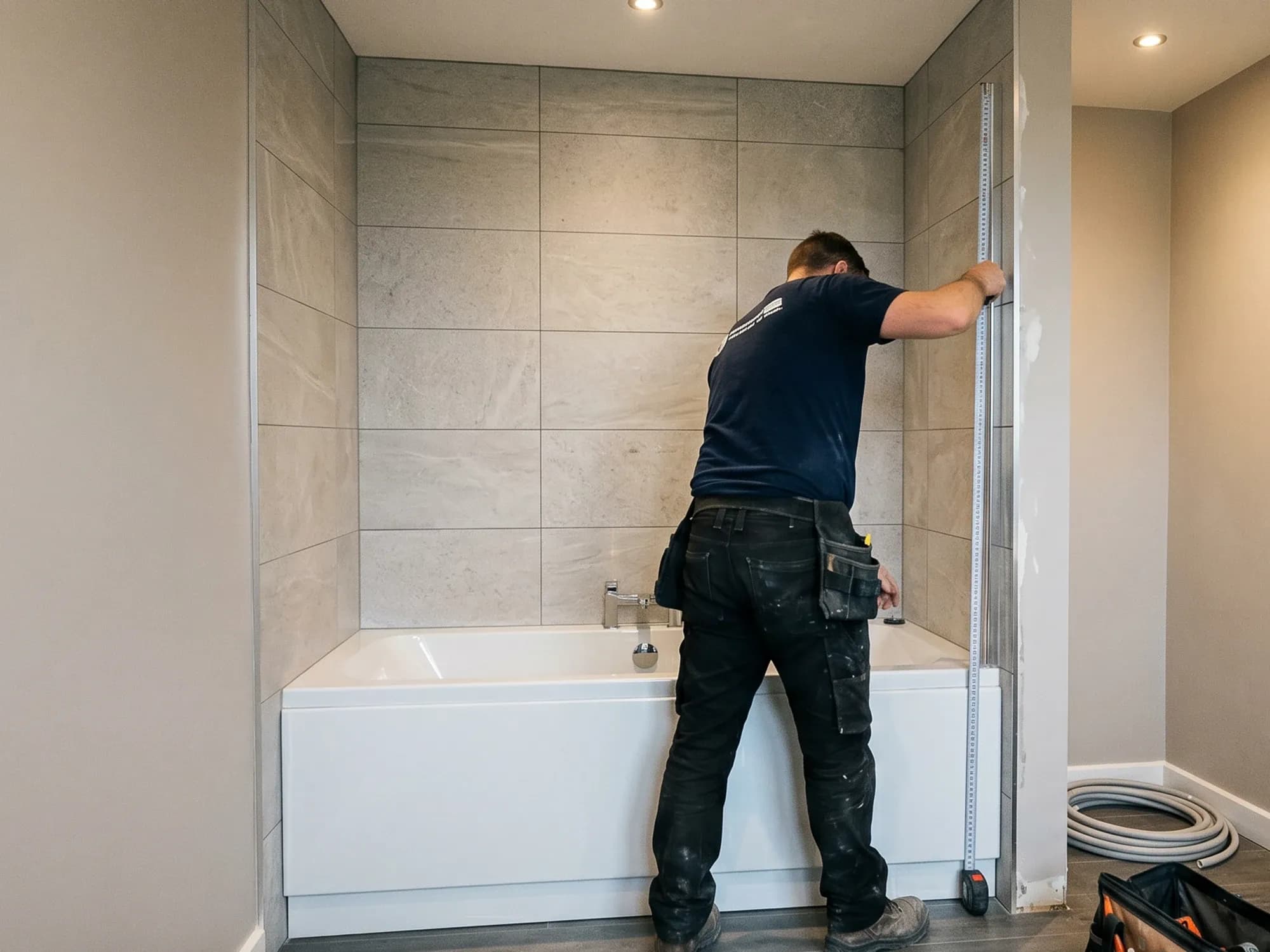 Measuring a tub-shower opening width at three heights, top, middle, and bottom