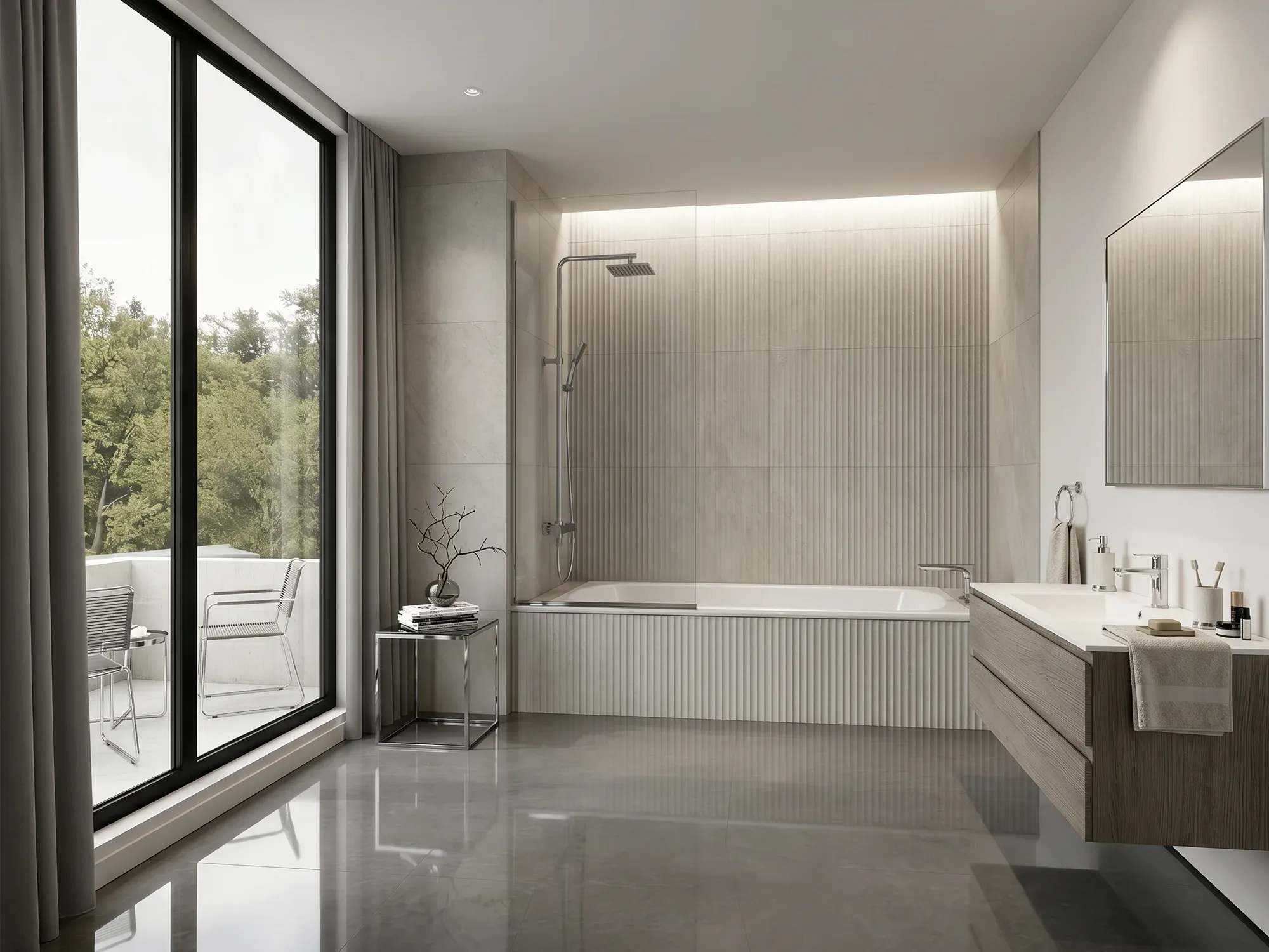 Single panel covering the shower-head end of a tub while the open entry end stays mostly dry