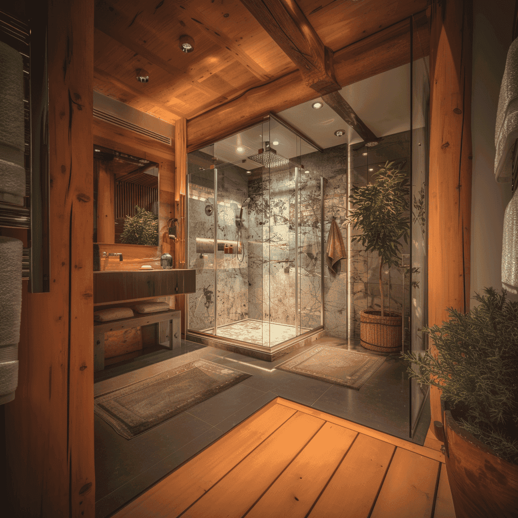 Luxurious bathroom featuring custom shower doors, a stylish wooden vanity with a mirror, and elegant flooring, showcasing the beauty of tempered glass and beveled glass edges.